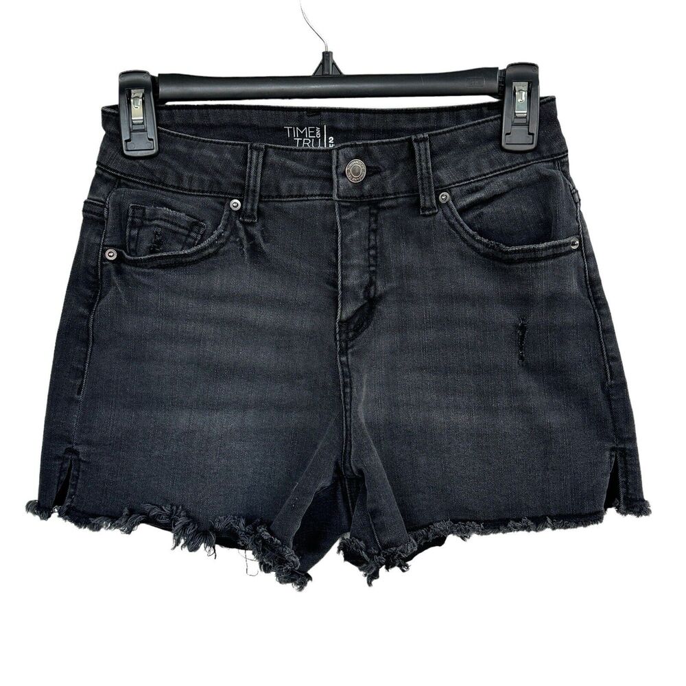 Time And Tru SZ 2 Jean Shorts Distressed Frayed Hem Hi-Rise Zip-Fly Stretch Slit